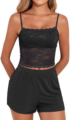 Black Sexy Lace Pajamas Set Cami&Shorts — Lingerie Sleepwear,XXL