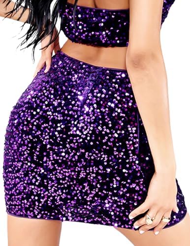 Fluffy Sequin Skirts Shiny Mini Bodycon — Purple S