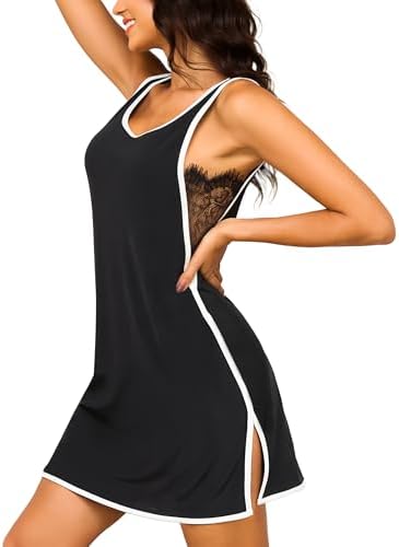 Sexy Sleeveless Nightgowns Lace Trim Sleep — Black L